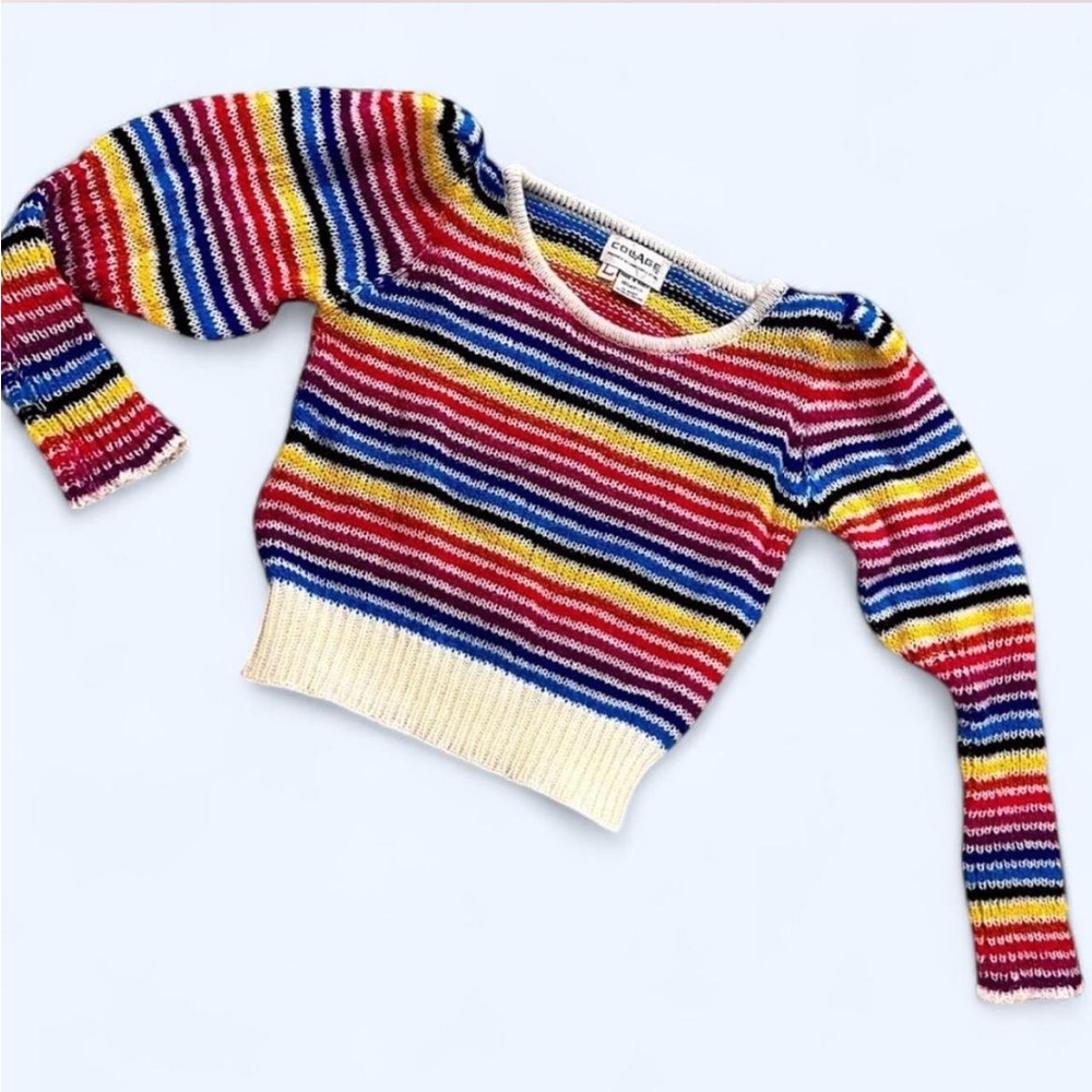 Rainbow 80's striped cropped long and puff sleeve sweater by Collage